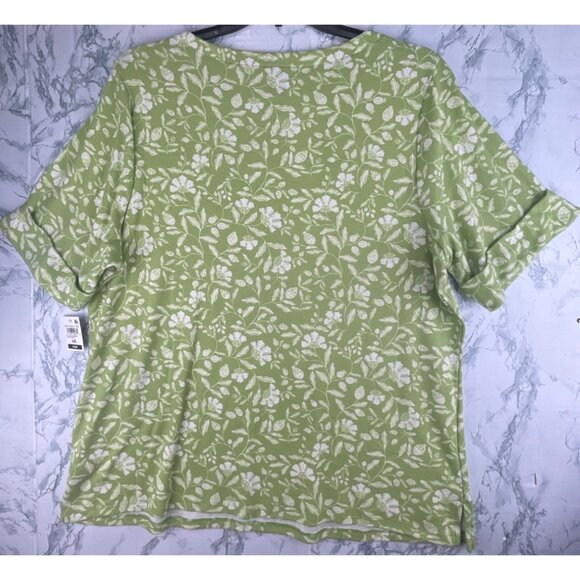 Style & Co. Womens Plus Size 4X Essential Elbow Sleeve Tee Green Floral Cotton - Picture 2 of 9